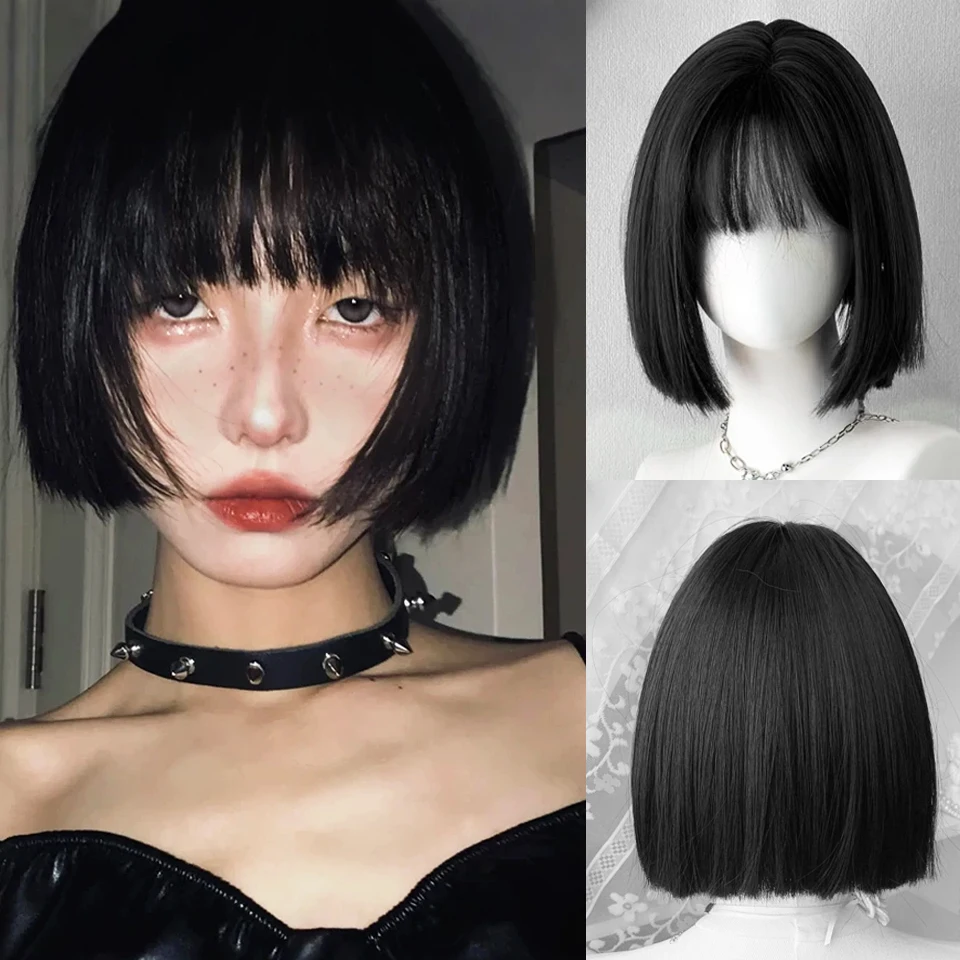 

Synthetic Wigs Short Straight Bob Wig with Bangs Lolita Cosplay Wigs for Women Halloween Party Wigs Daily Black Brown