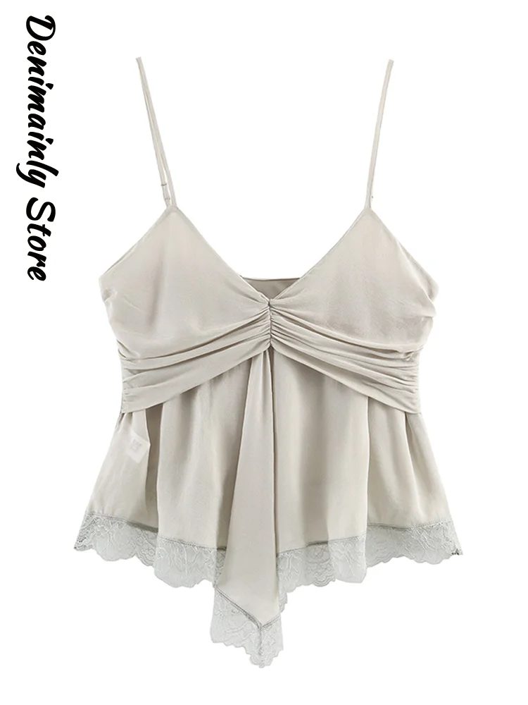 

Модный серый топ-камизол на бретельках с V-образным вырезом, перекрученным передом, кружевом и асимметричным подолом, без рукавов, укороченный, для пляжного отдыха, коллекция 2026