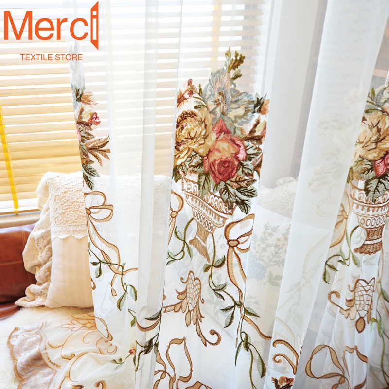 Semi-shading Embroidery Retro European and American Living Room High-end Luxury White Tulle Curtains for Bedroom Custom Size