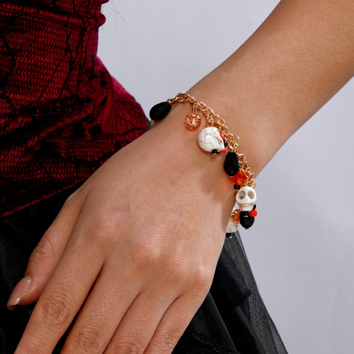 Halloween Multi-Element Kürbis-Geist-Anhänger Armband für Damen und Herren, Schwarze Katze Totenkopf Metallketten-Armband, Festival Schmuck Geschenk – Detail 3