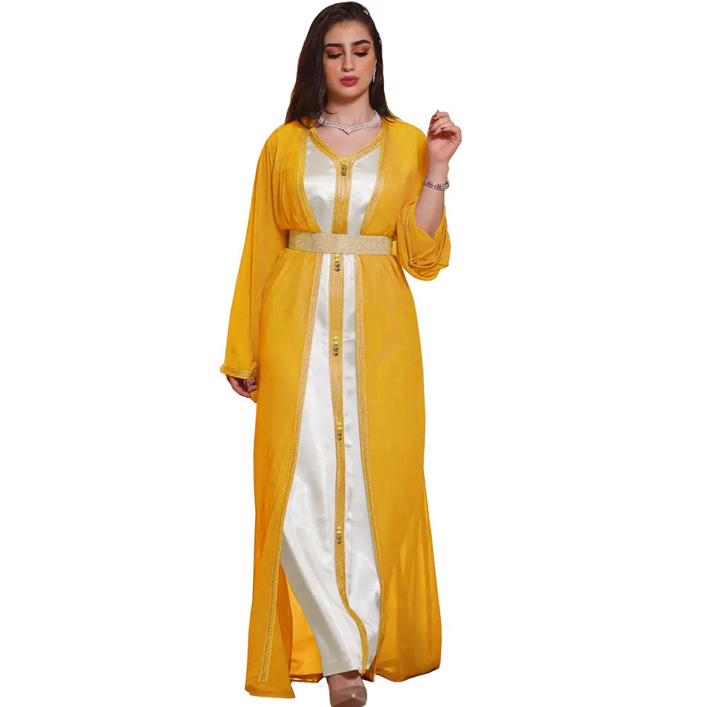 

Two Pieces Abaya Set Women Vest Long Dress with Chiffon Outerwear Mubarak Eid Muslim Moroccan Caftan Arabic Oman Dubai Jalabiya