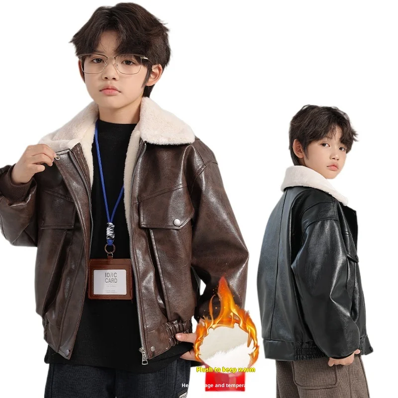 Unisex Children's Fleece-Lined Leather Collared Jacket Collection Large Pockets Thickened Fabric Children's Clothing Trendy