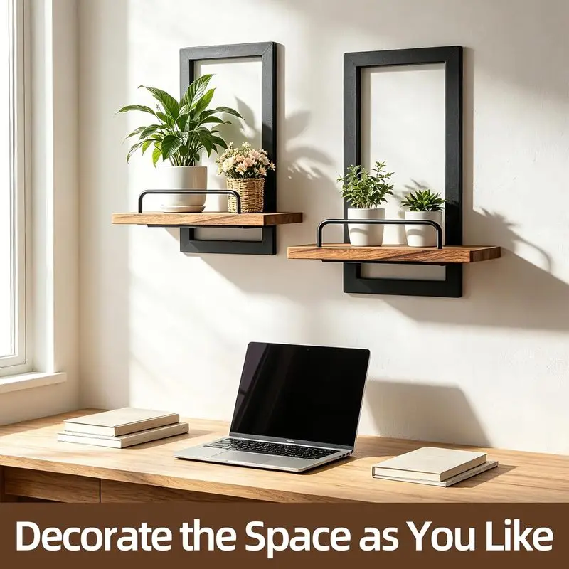  Space-saving wall-mounted metal floating shelves with guardrails2A wooden hanging display rack for flower pots in a rustic sty