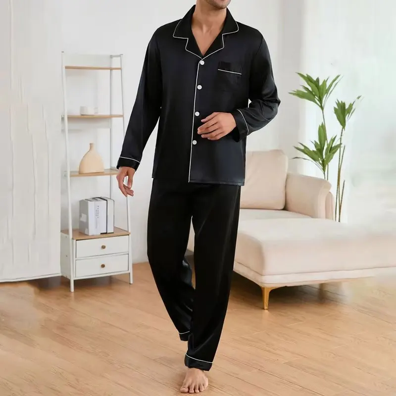 Men\'s Satin Pajama Set Linter Lapel Collar Long Sleeve Tops & Pants Sleepwear Button Down Loungewear Christmas Pyjama For Man