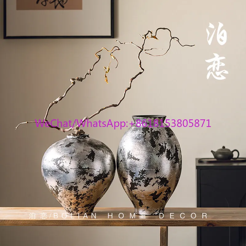 Premium Silver Foil Art Ceramic Vase Living Room Flower Arrangement Hotel Model Room Restaurant Wabi Sansi