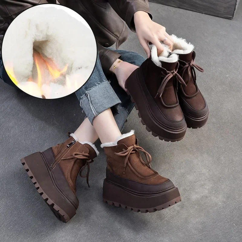 

Careaymade/шерстяные короткие сапоги из натуральной кожи с круглым носком, новинка зимы 202, винтажная универсальная женская обувь на танкетке на толстой подошве