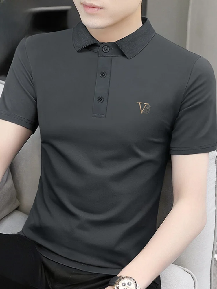 

Мужская летняя футболка из модала с коротким рукавом, простой деловой стиль, модный воротник, свободный крой, молодежная, популярная, модная.