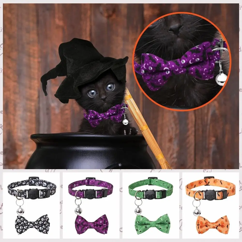 

With Bell Halloween Cat Collar Bowknot Removable Pumpkin Puppy Necklace with Bell Adjustable Bats/Pumpkin/Skeleton Head/Spider