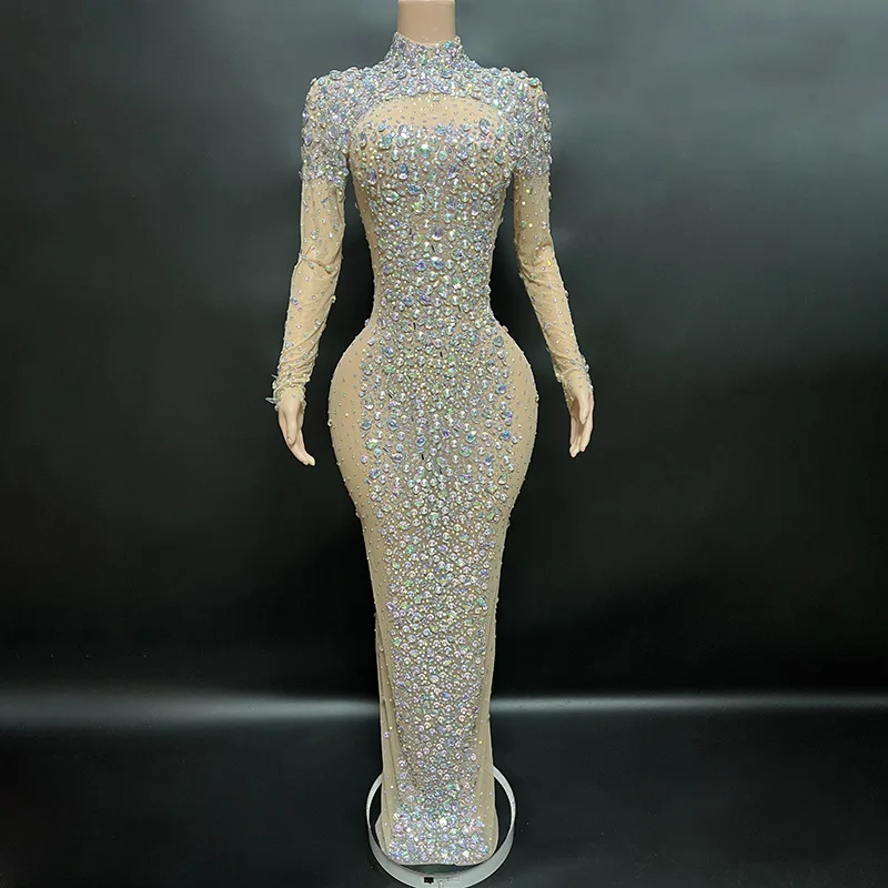 

New Sparkling Laser Rhinestone Dress Mesh Evening Party Birthday Dresses For Woman