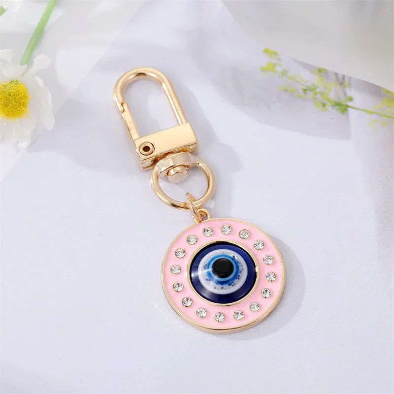 LLavero de mal de ojo de la suerte de estilo étnico, colgante de cristal de esmalte azul Rosa de Turquía, accesorios de llavero, venta al por mayor