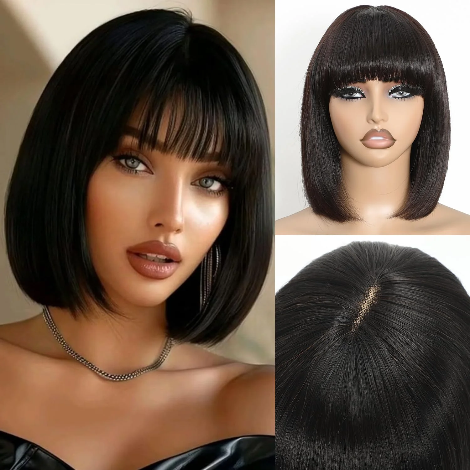 

3X1 Short Bob Wig with Bangs Human Hair Glueless 10 Inch Lace Bob Wigs 3X1 Bob Wig With Bangs Human Hair for Women Natural Black
