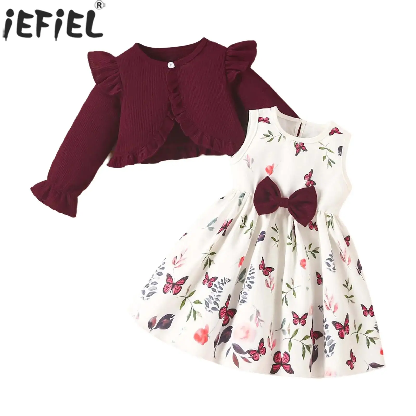 

Baby Girls Spring Autumn Long Sleeve Cardigan with Sleeveless Bowknot Floral Sweet Dress Birthday Party Costume Set Daily Wear