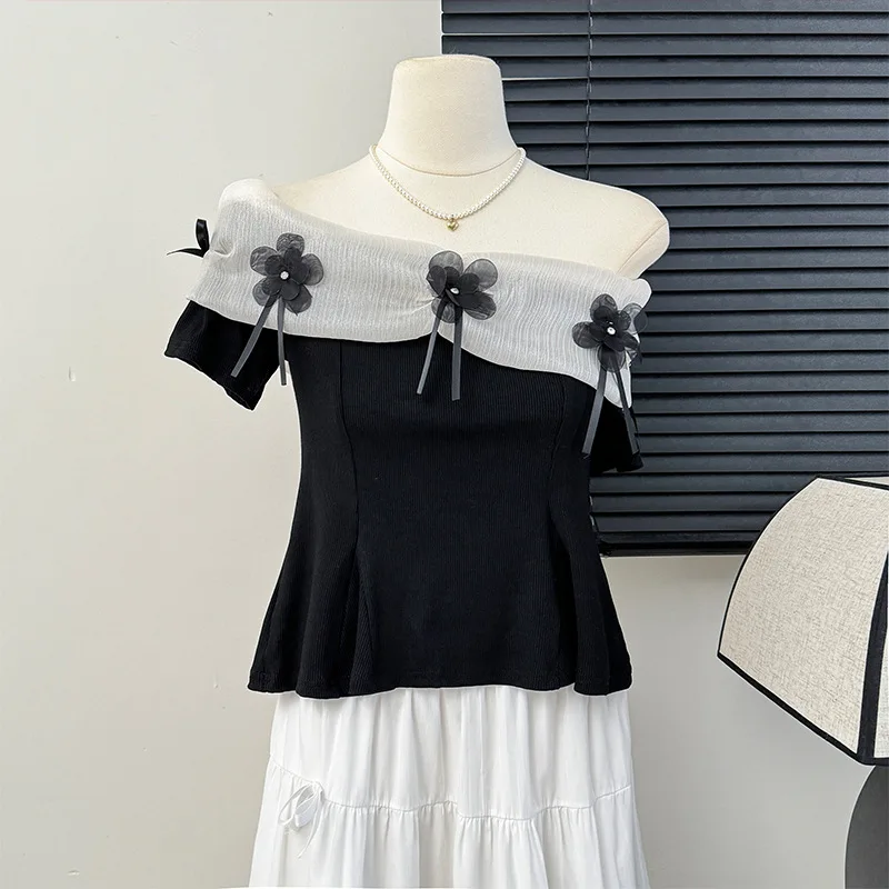 

French three-dimensional flower short sleeved T-shirt for women, Xia Chunyi, one shoulder, waist cinched, pleated skirt top