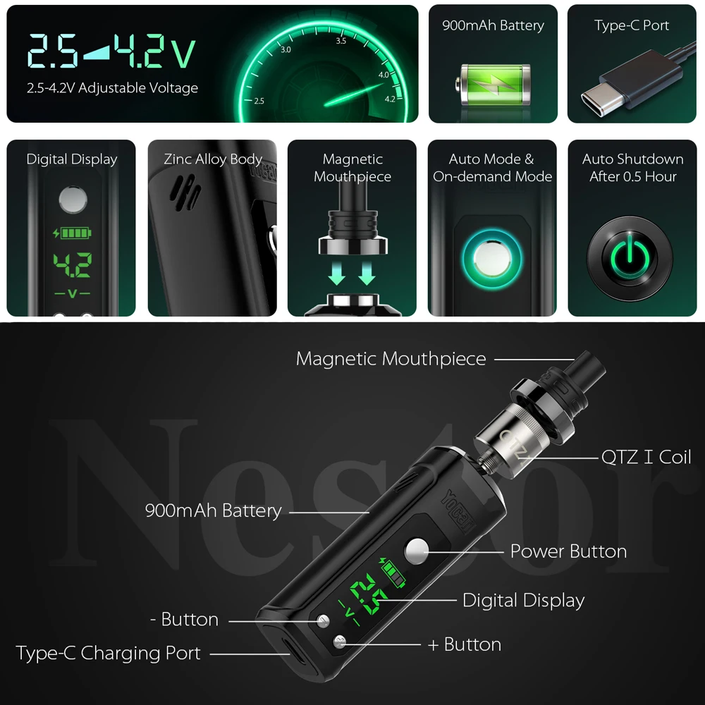 Vaporizador Original Yocan Nestor Vape Pen, batería de 900mAh, bobina de 0,8 ohmios, voltaje ajustable de 2,5 V-4,2 V con pantalla LCD, cigarrillos electrónicos
