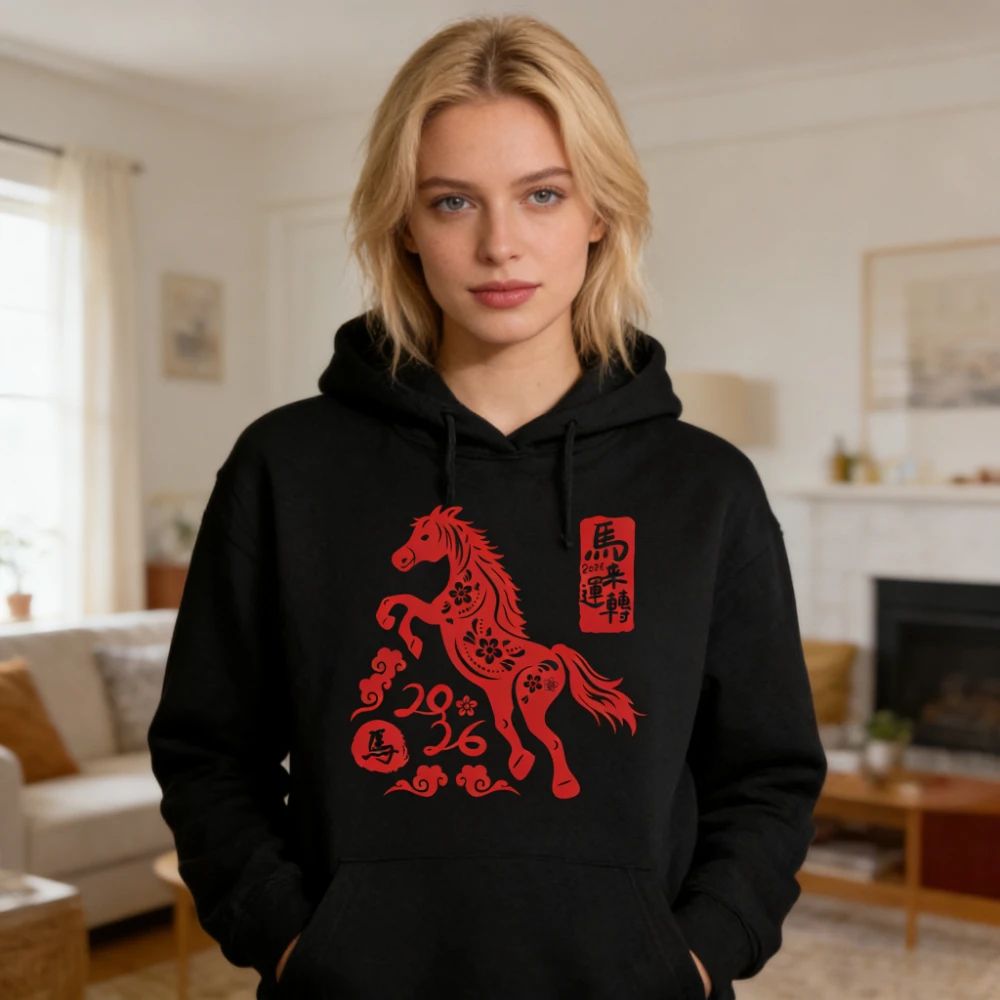 

Фестивальные костюмы на китайский Новый год 2026 года, пуловер с капюшоном в виде лошади, традиционные топы с принтом лошади по знаку зодиака, женская уличная одежда