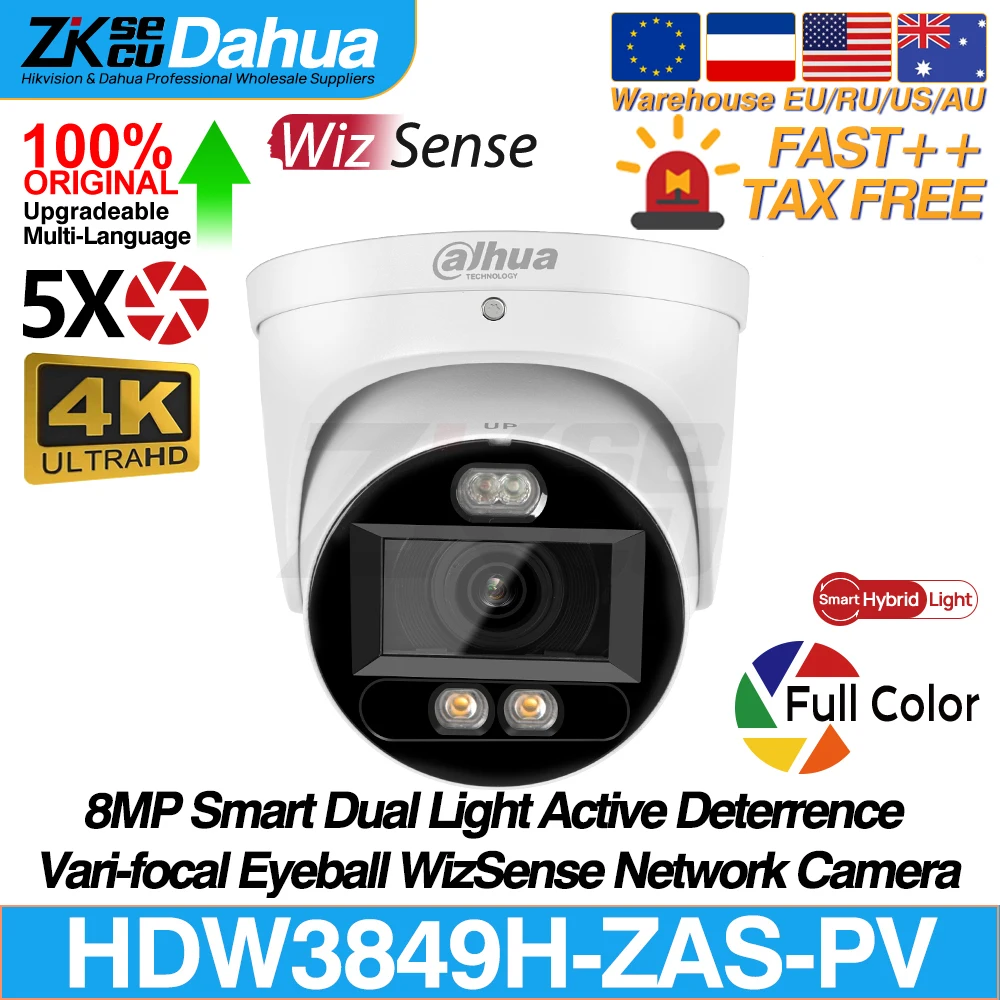 Dahua IPC-HDW3849H-ZAS-PV 8MP 4K Smart Dual Light Active Deterrence 5X Zoom WizSense Network POE IP Camera Full Color SMD 4.0