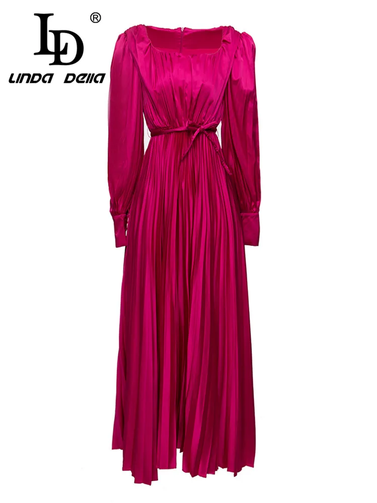 LD LINDA DELLA 2023 Summer Fashion Designer Dress Women's  Red Long Sleeve High Waist Frenum Draped Elegant Party Dress