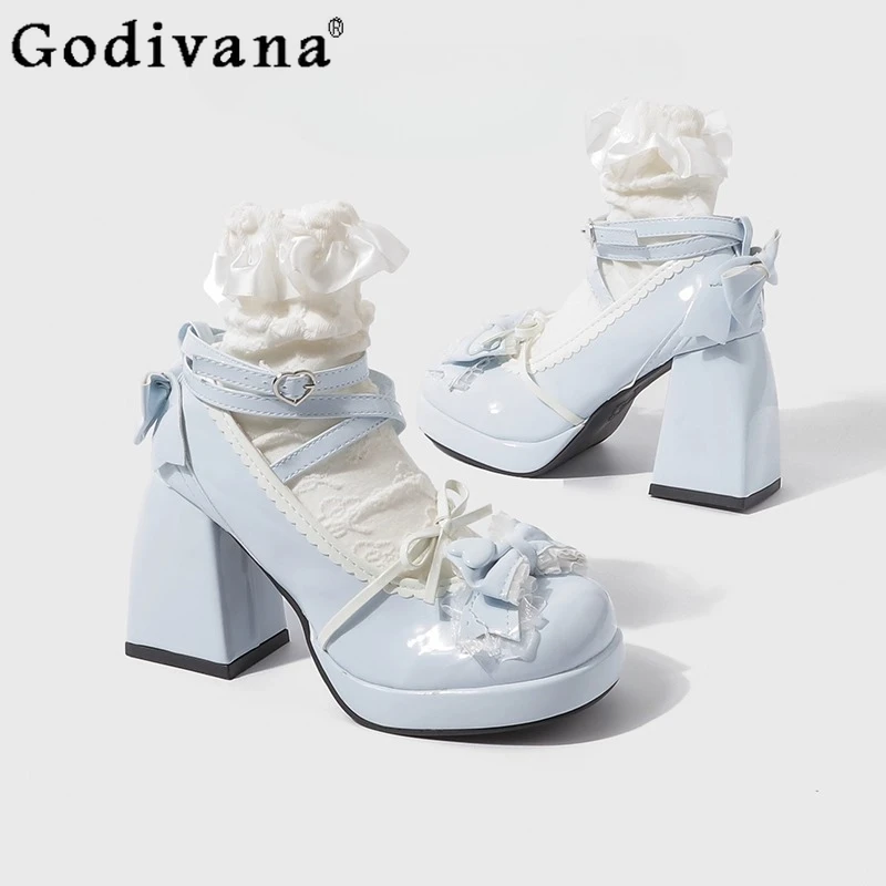 لوليتا الحلو JK حذا فردي للسيدات الفتيات النمط الياباني لوليتا ماري جين أحذية النساء عالية الكعب كعب مكتنز القوس أحذية من الجلد