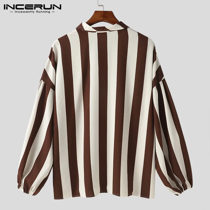 INCERUN Tops 2024 Korean Style Men Personality Vertical Striped Bishop Sleeve Shirts Casual Streetwear Long Sleeved Blouse S-5XL