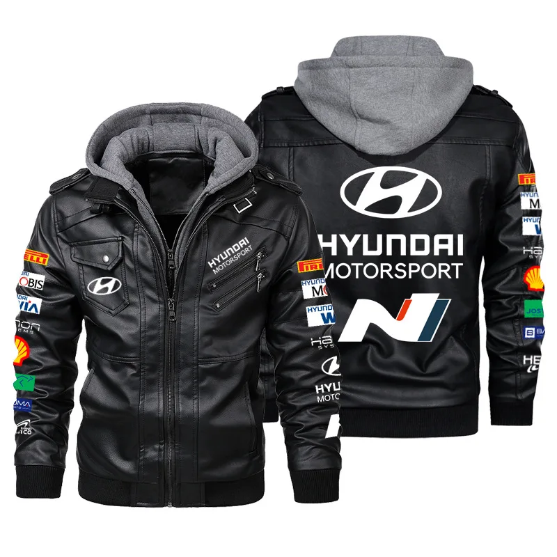 

European size racing suit men's leather jacket Hyundai HYUNDAI motorcycle logo long-sleeved hooded autumn and winter warm jacket