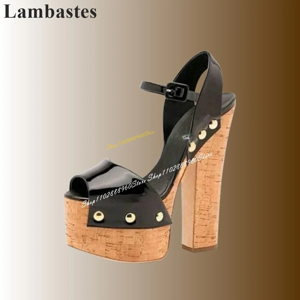 Sandali con plateau in legno nero in pelle verniciata scarpe da donna con tacco alto e tacco alto cinturino con fibbia alla caviglia Peep Toe 2024