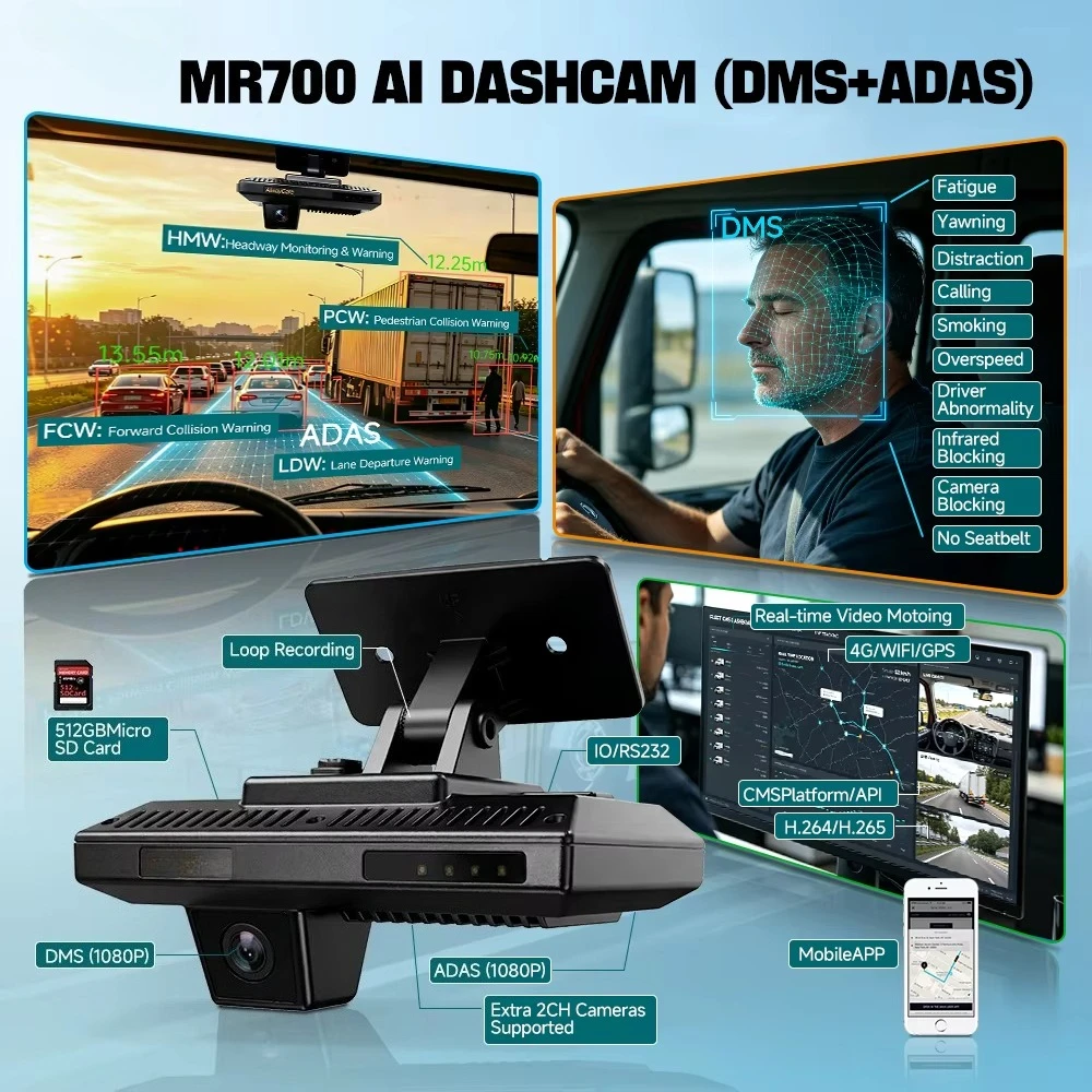 Alwaycare enterprise-grade Al dashcam DMS anti-drowsiness ADAS 1080P GPS tracking WiFi dual-lens CMSV6 t axi fleet recorder