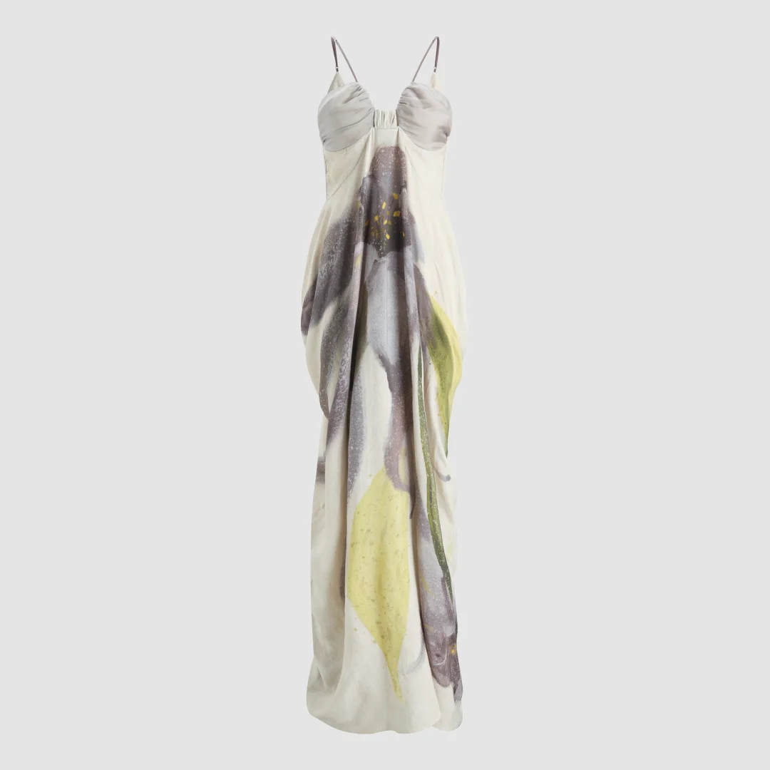 2026 Artistic Floral Print Spaghetti Strap Maxi Dress-Elegant Sleeveless Evening Gown Draped Bodice for Resort&Formal Occasions