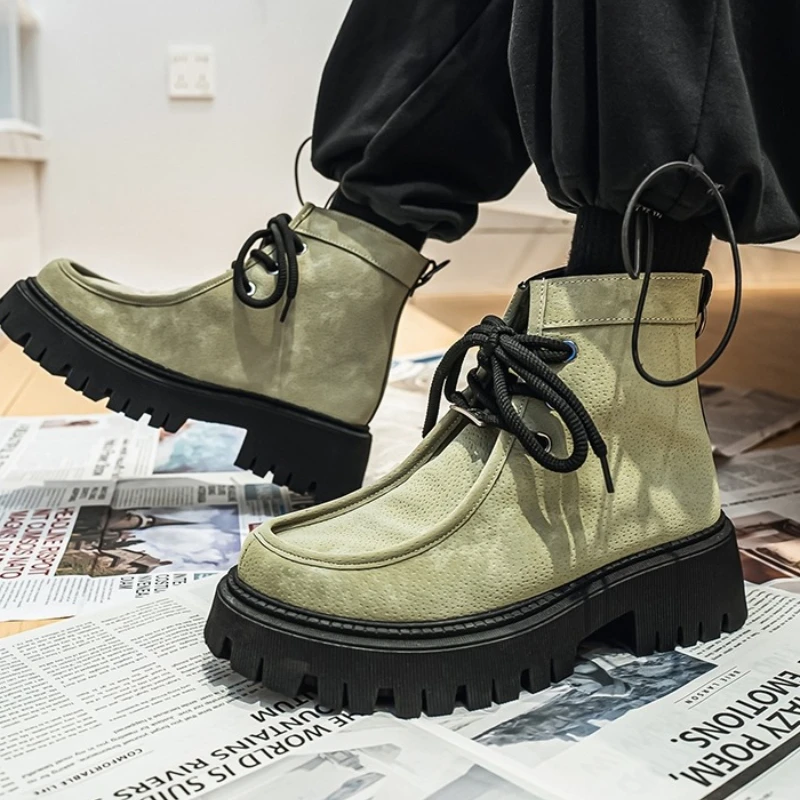 

Новая уличная рабочая одежда, модные ботинки в уличном стиле для мужчин, двухцветный плоский каблук, средний верх, осенне-зимний, на шнуровке и с круглым носком