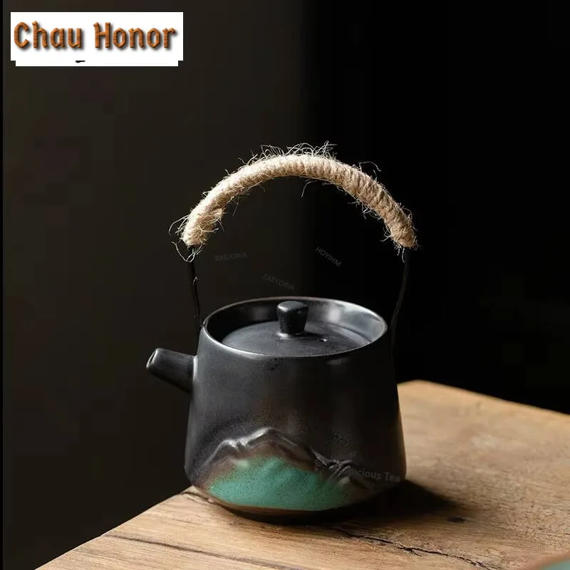 200ml Black Pottery Teapot Kiln Fambe Pot Household Tea Soaking Kettle with Infuser Dahongpao Teaset Gift Loop-handled Teapots