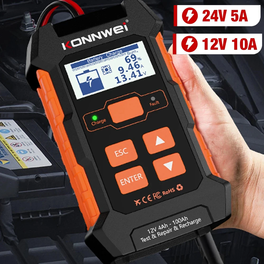 KONNWEI KW520 12 В 10 А 24 В 5A Автоматический автомобильный тестер аккумулятора для грузовика Зарядное устройство Свинцово-кислотный импульсный инструмент для ремонта автомобильного аккумулятора AGM Гель-литиевый