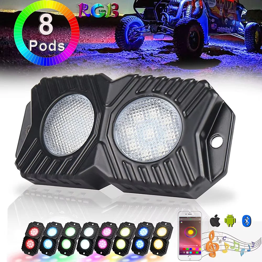 1 Set Neon Undergroud Light for Car Truck ATV UTV SUV Jeep Offroad Boat Underbody 8 Pods RGB Rock Lights Ampper Waterproof