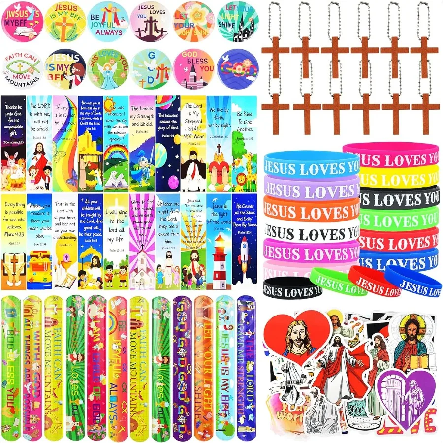 

128Pcs Christian Party Favors Set for 12 Guests Jesus Party Supplies with Bible Verse Bookmarks Bracelets Keychains Cross Charm