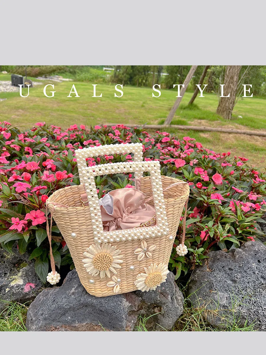 

Pearl Designer Women's Bag Handmade Woven Handbag Summer Straw Beach Bag Flowers Female Rattan Chain Shoulder Messenger Bag Tote