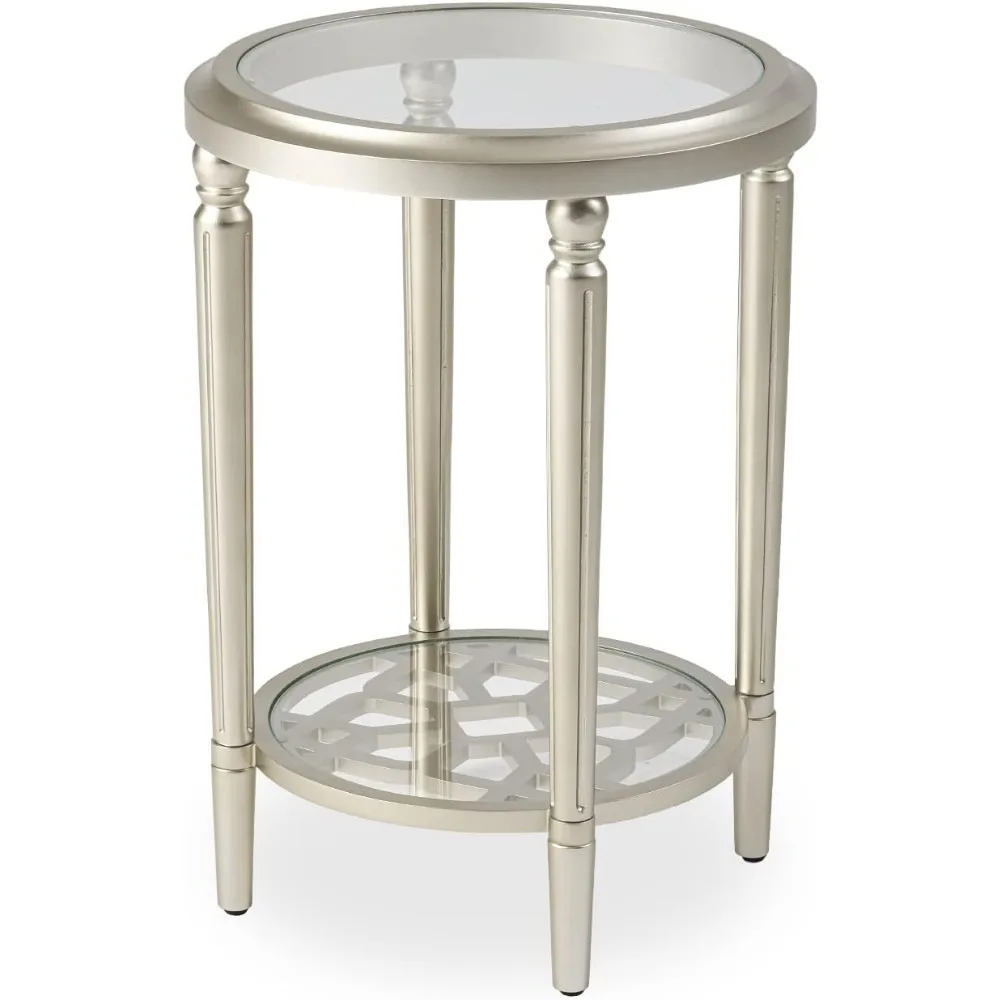 

Modern Round Side Table, Champagne Tempered Glass Table, 2-Tier Storage End Table for Living Room, Bedroom, Office