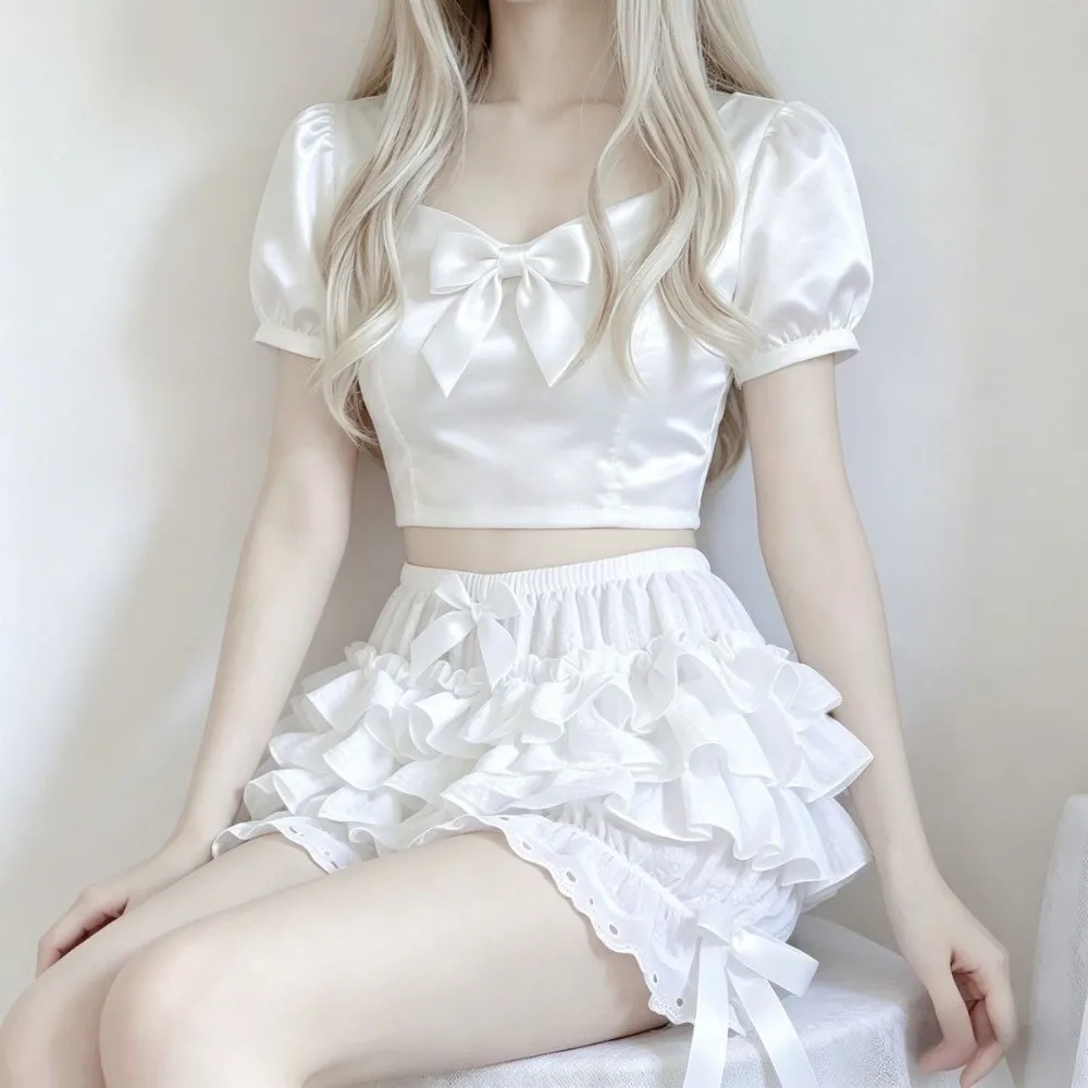 Y2K Aesthetic Pleated Lace Bow Safety Pants Ruffle Layered Pumpkin Pants Anti-glare Puffy Safety Shorts Girls