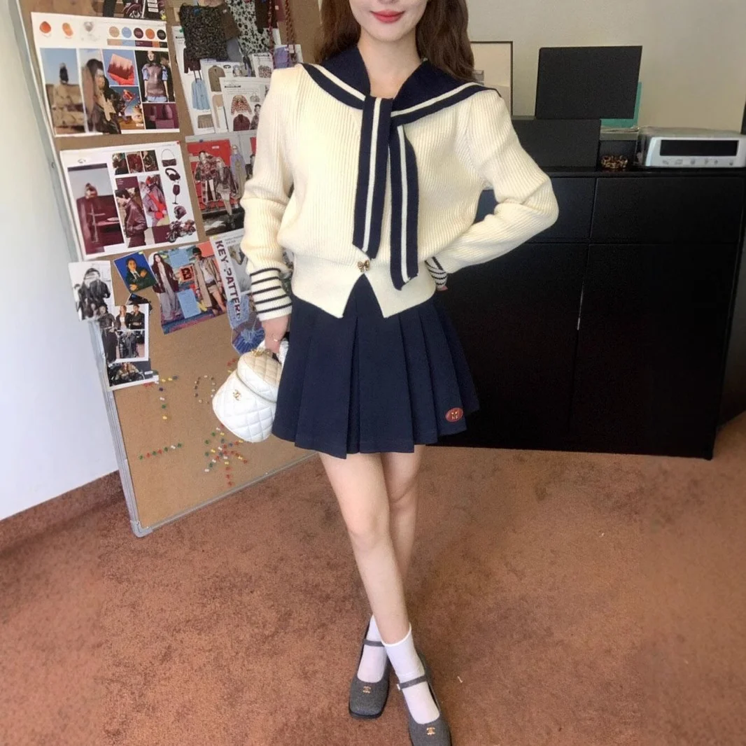 Ele Preppy Sle Strickjacke mit Sa und Bule Navy Collar Thiened Herbstpullover für Damen