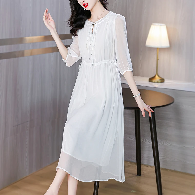 Boho White Silk Chic Appliques Midi Dress Women Summer Elegant Bodycon Ruffled Vestidos 2024 Korean Fashion Casual Solid Dress