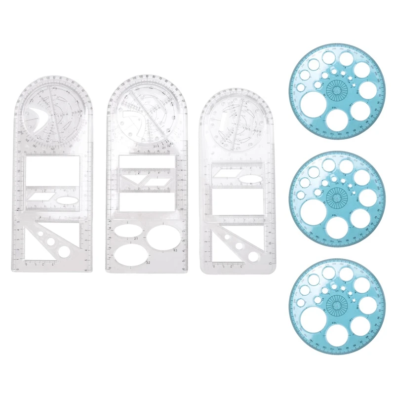 Règle géométrique multifonctionnelle en plastique, modèle de dessin, outil de mesure, mathématiques, 6 pièces