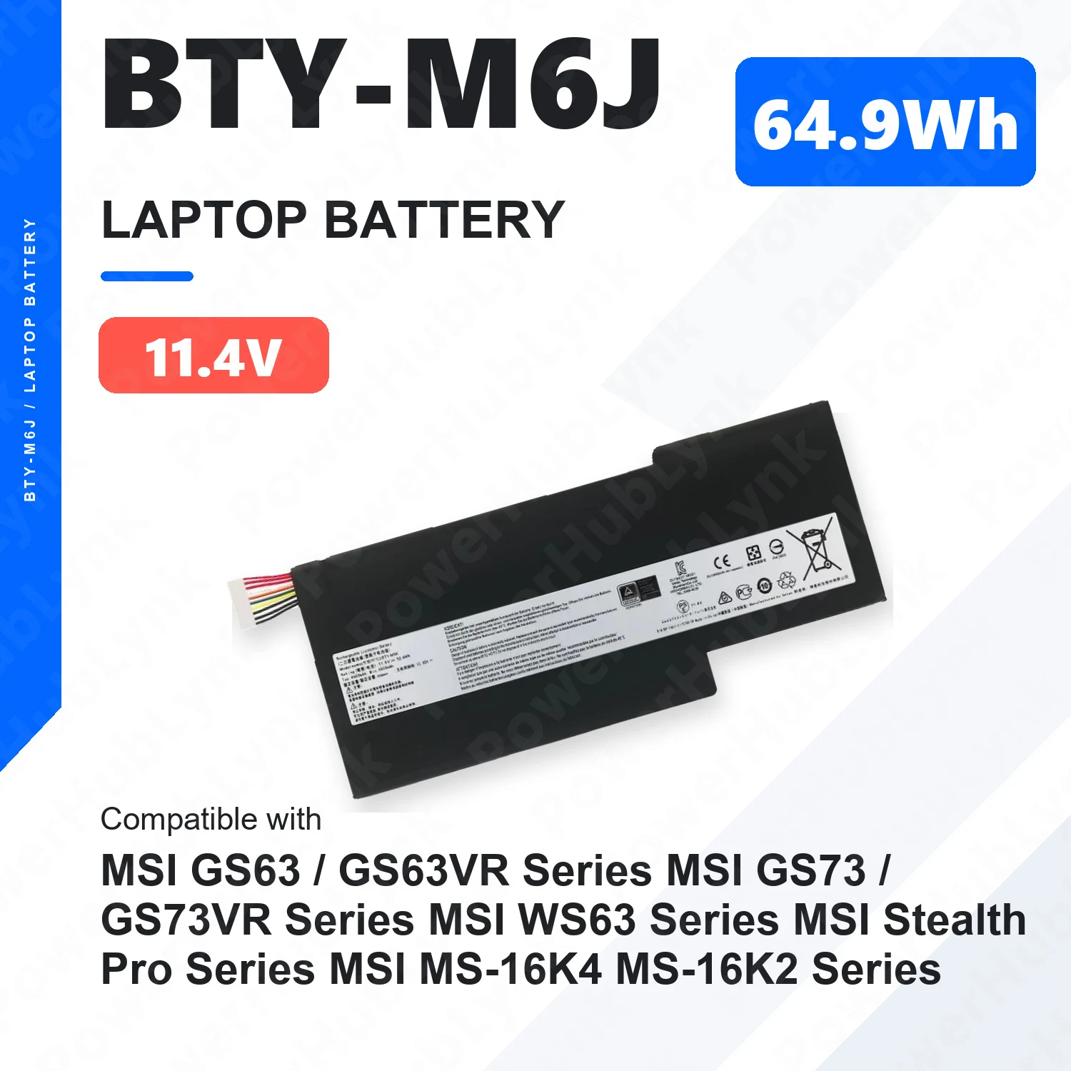 BTY-M6J 11.4V 64.9Wh Laptop Battery For MSI GS63 GS63VR GS73 GS73VR WS63 Stealth Pro MS-16K2 MS-16K4 MS-17B1 BP-16K1-31