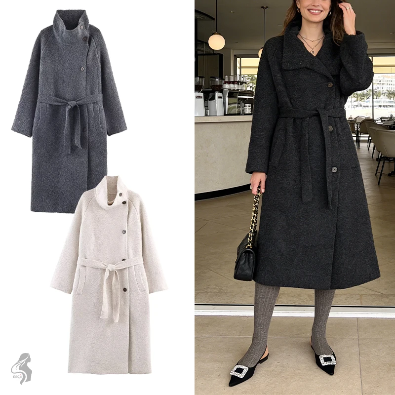 

Womens High Neck Long Coat Asymmetrical Single Breasted With Belt Simple And Elegant Autumn Winter Commuter Jacket Woman Clothes