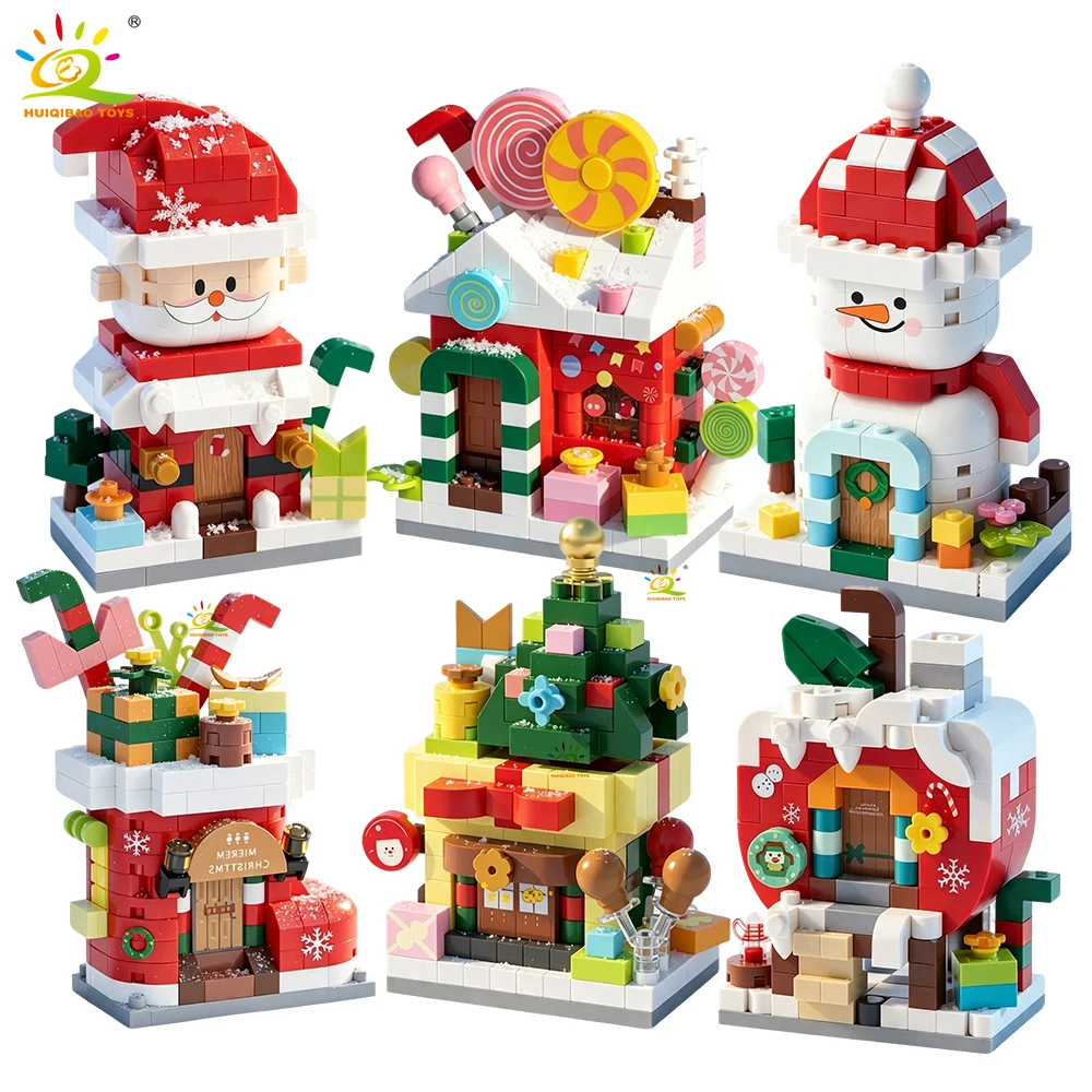 HUIQIBAO Weihnachts-Mini-Bausteine Weihnachtsmann Schneemann Weihnachtsbaum Haus Bausteine Set DIY Tischdekoration Kinder Weihnachtsdekoration Geschenk