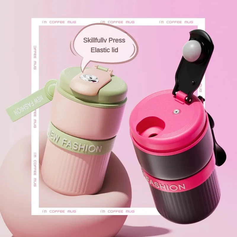 New 316 Stainless Steel Mug Ceramic Coated Liner Coffee Cup 450ML Portable Simple Stripes Couple Thermos Coffee Cup Water Bottle