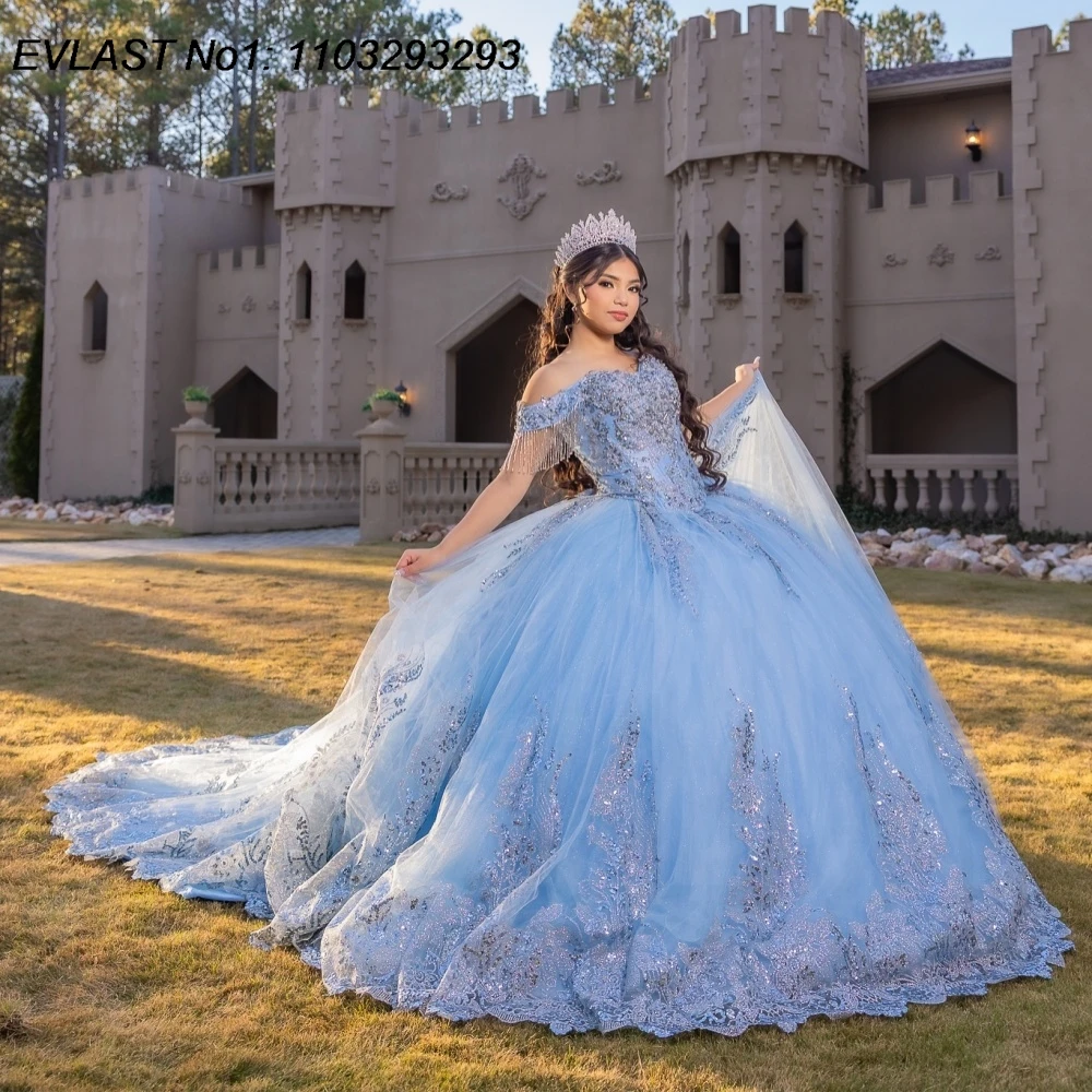 

EVLAST Customized Sparkly Sky Blue Ball Gown Quinceanera Dress Sequins Applique Beading Bow Sweet 16 Vestidos De 15 Anos E1Q705