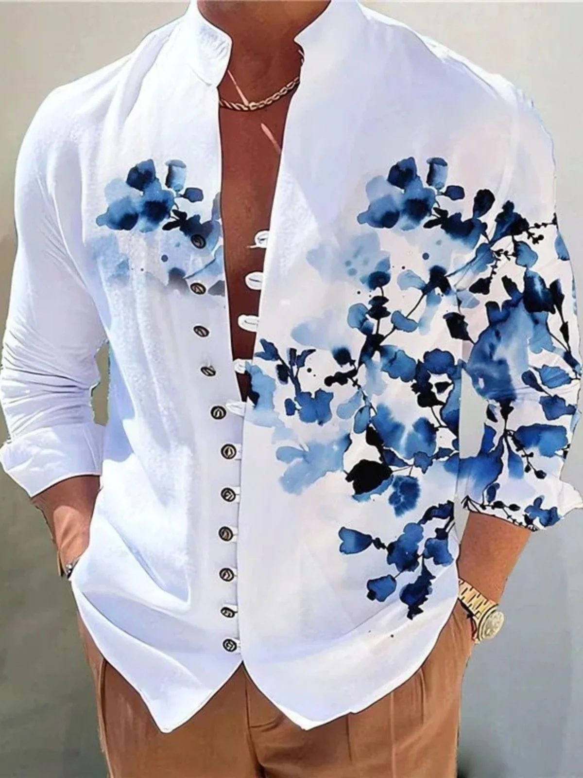 

Men's Printed round Ne Cardigan irt Long Sve Polyester Fiber Stand Sle Autumn Faion Casual Button Closure