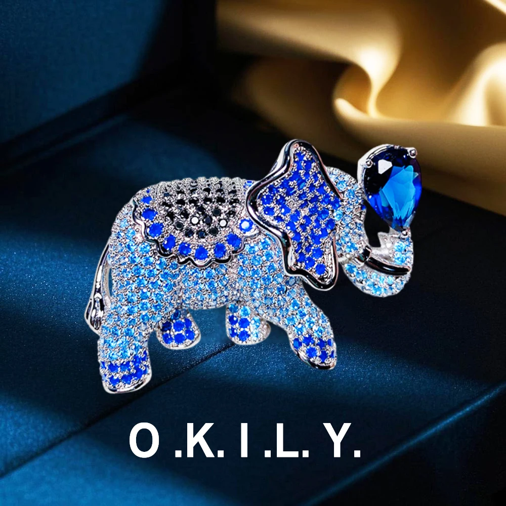 Fashion Blue Elephant Animal Brooches Three Color Zircon Men's and Women's Pin Buckle Autumn and Winter Coat Accessories Corsage
