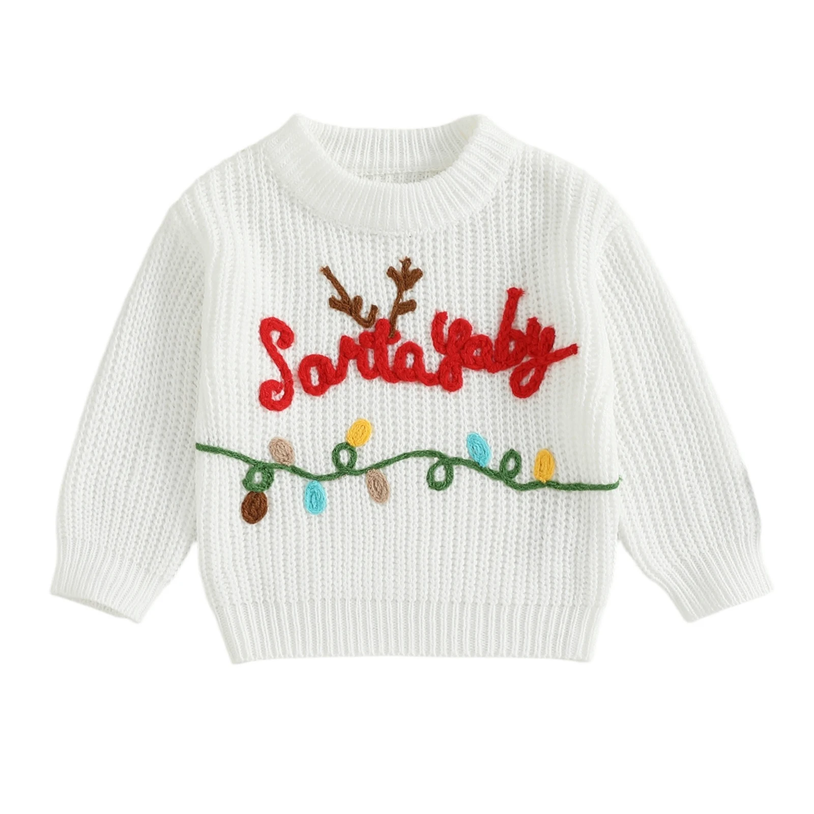 

Children s Christmas Sweater with Festive Lettering and Twinkling Light String Embroidery Cozy Long Sleeve Crew Neck Knit