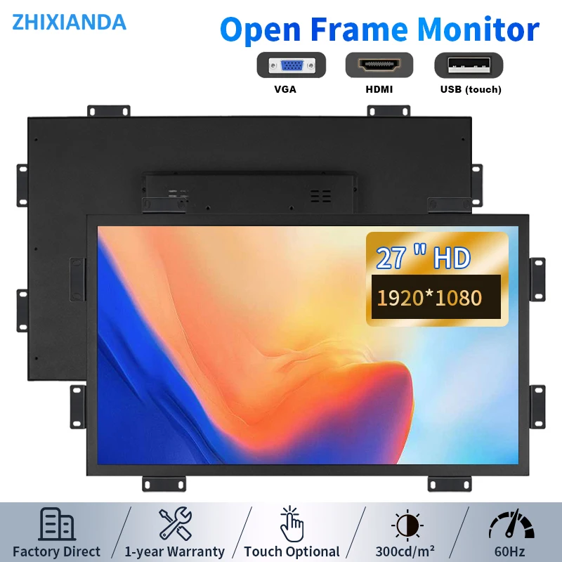 Zhixianda 27 Inch Industrial Open Frame Monitor 1920*1080 Vesa Mount Capacitive Touch Screen LCD Display With HDMI VGA