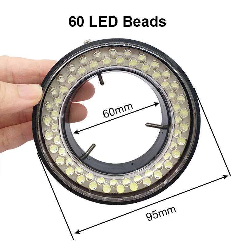 60mm 60 LED Beads Ring Light for Microscope 0-100% Brightness Adjustable Beads Focusing Inward Stereo Microscope Ring Light