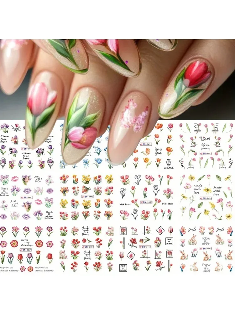 Einfache Tulpen-Blumen-Nagelaufkleber, 12 Designs, bunter Blumenstrauß, Schleife, Sonnenblume, Wasseraufkleber, Nagelkunst, Dekoration, Wasserzeichen, Blumen