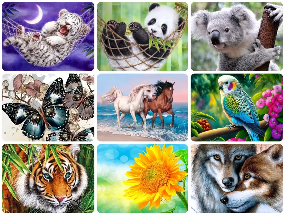 DIY Niedliches Tier-Collage-Puzzle, Tigerjunges, Panda, Koala und Schmetterlinge, Verspielte Wildtier-Kunst für Heimdekoration